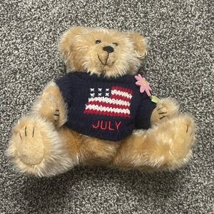 July Plush Teddy Bear with American Flag Sweater Wearing Pin and Earring